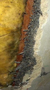 Dachboden dämmen - Dachdämmung: Nasse, verpilzte, schwarze, - aspergillus niger / penicillium / stachybotrys atra / chartarum schimmelpilzbefallene und pilzdurchwachsene Wärmedämung (Glaswollematten) in der Zwischensparrendämmung