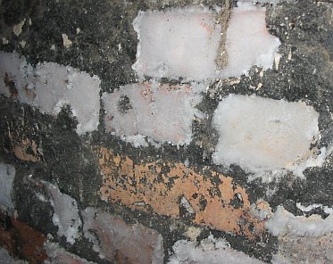 Salpeter-Ausblühung Kalknitrat Backsteinmauer  - keine aufsteigende Feuchte!