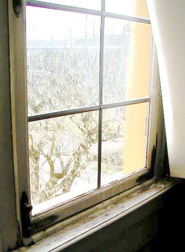 Condensate-damaged window construction in the building