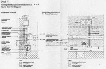 Фрагмент детального чертежа: прокладка и пересечение трасс отопление/электропроводка