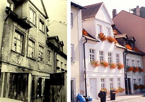 Spätgotisches Bürgerhaus Bamberg Mühlwörth 6 vor und nach Sanierung