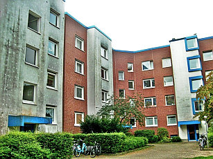 ハンブルク住宅街のアパートの断熱接続システム上に発生した藻類